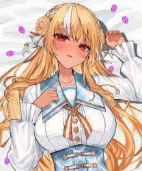  1girl absurdres arm_up blonde_hair bow braid breasts brooch check_commentary collared_dress commentary_request corset dark-skinned_female dark_elf dark_skin double_bun dress elf frilled_sleeves frills hair_bow hair_bun highres hololive jewelry large_breasts long_hair long_sleeves looking_at_viewer lying multicolored_hair on_back on_bed open_mouth orange_eyes petals pointy_ears puffy_sleeves rum_raisin_(chihiromakita19) shiranui_flare shiranui_flare_(8th_costume) solo streaked_hair two-tone_hair underbust upper_body virtual_youtuber white_bow white_dress white_hair white_streaks 