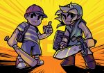  2boys bandaid baseball_bat baseball_cap blonde_hair brown_hair dual_wielding hat kaigetsudo link master_sword mother_(game) mother_2 multiple_boys ness pointy_ears shield shoes shorts sneakers striped super_smash_bros. sword t-shirt the_legend_of_zelda toon_link tunic weapon wind_waker yo-yo 