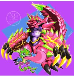  armalizamon armor blue_background border claws crescent digimon digimon_(creature) electricity evolutionary_line full_body gecko gekkomon grey_hair lizard no_humans open_mouth pink_armor purple_background sharp_teeth simple_background teeth tongue tongue_out vgz083 watermark white_border 