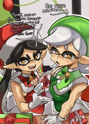  +_+ 2girls artist_name ass black_hair bow-shaped_hair breasts callie_(splatoon) commentary cousins dress english_commentary english_text fangs fur-trimmed_collar fur_trim gift gloves green_dress green_hat green_santa_costume grey_hair hat highres holding holding_gift inkling long_hair marie_(splatoon) mole mole_under_eye moxydraws multiple_girls open_mouth patreon_logo pointy_ears red_dress red_hat santa_costume santa_hat sleeveless sleeveless_dress smile splatoon_(series) swept_bangs tentacle_hair updo upper_body web_address yellow_eyes 