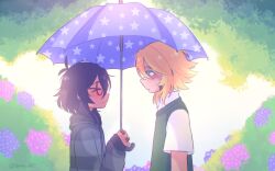  1boy 1girl antenna_hair bandaid bandaid_on_cheek bandaid_on_face bandaid_on_finger bandaid_on_hand bandaid_on_nose basil_(faraway)_(omori) basil_(omori) blonde_hair blue_eyes blush bright_pupils closed_eyes closed_mouth collared_shirt commentary donuqx english_commentary flower glasses green_sweater_vest grey_jacket holding holding_umbrella hood hood_down hooded_jacket jacket long_sleeves looking_at_another medium_hair mincy_(omori) omori parted_lips red-framed_eyewear shirt short_hair short_sleeves sidelocks smile striped_clothes striped_jacket sweater_vest tumblr_username umbrella white_pupils white_shirt 