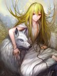  1boy androgynous blue_eyes enkidu_(fate/strange_fake) fate/strange_fake fate_(series) green_eyes green_hair highres kawells long_hair wolf 