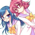  2girls aida_mana bespectacled blue_eyes blue_hair blush dokidoki!_precure glasses half_updo hishikawa_rikka long_hair lowres multiple_girls pink_eyes pink_hair precure school_uniform shiho_(acoram) short_hair simple_background white_background 