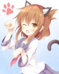  1girl animal_ears brown_eyes brown_hair cat_ears cat_tail fake_animal_ears fang highres inazuma_(kantai_collection) kantai_collection kemonomimi_mode long_sleeves neckerchief open_mouth paw_pose paw_print pen-zin personification school_uniform serafuku shirt skirt solo tail wink 