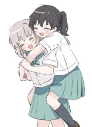  2girls aqua_bow aqua_bowtie aqua_sailor_collar aqua_skirt black_hair black_socks bow bowtie brown_shoes carrying cha_(ntrikti) closed_eyes grey_hair highres hug hug_from_behind kneehighs kuraue_hinata multiple_girls piggyback sailor_collar school_uniform shirt shoes short_hair short_sleeves skirt smile socks twintails white_shirt yama_no_susume yukimura_aoi 