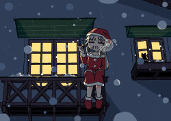  1girl absurdres balcony cat christmas closed_eyes commentary cookie dress emesan_desu food fur-trimmed_dress fur-trimmed_shoes fur_trim grey_hair hat highres holding holding_food long_hair on_railing open_mouth original railing red_dress red_hat red_shoes santa_costume santa_dress santa_hat shoes sitting snow snowing solo symbol-only_commentary winter 