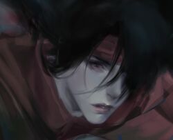  1boy black_hair cape cloak close-up commentary final_fantasy final_fantasy_vii floating_hair hair_between_eyes headband lips long_hair male_focus parted_lips pink_lips portrait red_cape red_cloak red_eyes red_headband solo symbol-only_commentary upper_body vegaressi vincent_valentine 