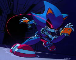  1boy artist_name commentary english_commentary eye_trail foreshortening full_body furry furry_male glowing glowing_eyes hallway highres indoors industrial_pipe light_trail male_focus metal_sonic no_mouth open_hands perspective red_eyes robot running science_fiction signature solo sonic_(series) starrjoy 