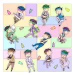  6+boys black_hair blue_hair chibi earrings green_hair headband jewelry jojo_no_kimyou_na_bouken kishibe_rohan midriff multiple_boys multiple_persona pen_nib teketo 