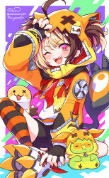  1girl ahoge animal_hood black_gloves black_shorts black_thighhighs brown_hair cat_hood commentary english_commentary fingerless_gloves gigi_murin gigi_murin_(1st_costume) gloves grem_(gigi_murin) highres hololive hololive_english hood hoodie looking_at_viewer maruyama_en multicolored_hair one_eye_closed open_mouth orange_hoodie orange_shrug orange_theme pink_eyes popo_(gigi_murin) revision sharp_teeth shirt shorts shrug_(clothing) smile solo striped_clothes striped_thighhighs teeth thigh-highs two-tone_hair two_side_up upper_teeth_only virtual_youtuber white_shirt 