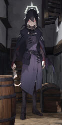  1girl absurdres alternate_costume barrel belt black_belt black_capelet black_coat black_hair black_pants black_shoes blue_archive capelet closed_mouth coat full_body grey_halo hair_between_eyes halo highres holding holding_sickle hood hood_up kayoko_(blue_archive) long_sleeves looking_at_viewer military_uniform multicolored_hair pants red_eyes revision ryeon_(naturesan) shoes short_hair sickle solo standing treasure_chest white_hair 