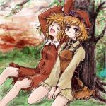  2girls aki_minoriko aki_shizuha blonde_hair blush food fruit grapes hat leaf multiple_girls nanashii_(soregasisan) open_mouth short_hair siblings sisters sitting skirt touhou tree yawning yellow_eyes 