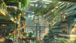  3girls aqua_hair aqua_shirt black_hair bridge brown_hair brown_jacket building cityscape commentary_request denim evening green_shorts grey_shorts highres industrial_pipe jacket jeans light_rays multiple_girls neur orange_shirt original outdoors pants plant potted_plant scenery shirt shoes short_hair short_sleeves shorts simple_background sneakers stairs standing summer sunbeam sunlight tree vending_machine 