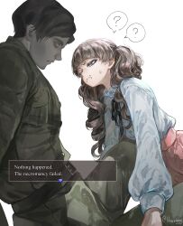  1boy 1girl ? artist_name belt belt_buckle black_belt black_hair black_ribbon brown_hair buckle closed_mouth confused corpse english_text face_piercing fear_&amp;_hunger_(series) fear_&amp;_hunger_2:_termina green_jacket green_pants hashtag-only_commentary highres jacket jonni_(fear_&amp;_hunger) knee_up lilio long_hair long_sleeves looking_at_another marina_(fear_&amp;_hunger) military_uniform mouth_piercing neck_ribbon no_pupils pants piercing pink_skirt ribbon shirt shirt_tucked_in short_hair simple_background sitting skirt spoken_question_mark sweat twitter_username violet_eyes white_background white_shirt 