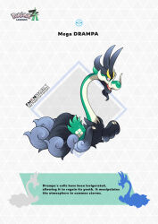  absurdres aqua_skin black_fur blawn_z claws colored_skin commentary dragon drampa english_commentary english_text facial_hair goatee highres horns long_neck mega_drampa mega_pokemon mustache no_humans nostrils official_style open_mouth pink_eyes poke_ball pokemon pokemon_(creature) pokemon_focus pokemon_legends:_z-a 