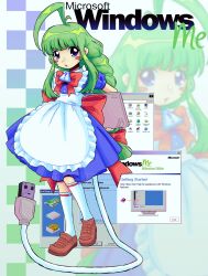  1girl 2000s_(style) ahoge apron blue_dress blue_eyes bow braid brown_shoes cable cable_tail commentary dress english_commentary faux_retro_artstyle green_eyes green_hair highres holding huge_ahoge loafers long_hair looking_at_viewer me-tan mechanical_tail microsoft_windows open_mouth os-tan photo-referenced shoes short_hair socks solo tail usb usb_cable usb_tail watermark white_socks window_(computing) windows_classic windows_me zimternet zoom_layer 