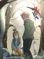  1girl 2boys black_hair black_pants blonde_hair blue_coat blue_eyes blue_hoodie bo_(bouillustration) brown_jacket closed_mouth coat cube_hair_ornament dark-skinned_male dark_skin floette floette_(eternal) flower grave green_coat green_jacket grey_eyes hair_ornament hands_in_pockets highres holding holding_flower hood hood_down hoodie jacket leggings lida_(pokemon) long_hair long_sleeves multiple_boys naveen_(pokemon) orange_leggings outdoors pants pokemon pokemon_(creature) pokemon_legends:_z-a smile tombstone topknot tree two-tone_legwear urbain_(pokemon) white_coat white_jacket white_leggings 
