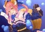  animal_ears asari_(23feline23) bare_shoulders bow breasts caster_(fate/extra) detached_sleeves fate/extra fate_(series) fox_ears fox_tail hair_bow hair_ribbon japanese_clothes ofuda pink_hair ribbon solo tail twintails yellow_eyes 