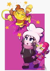  ! 1girl :o abisuabisu84 alternate_color ansha_(pokemon) arm_up black_coat blush blush_stickers boots bright_pupils brown_boots closed_mouth coat colored_sclera colored_teeth commentary_request eyelashes floating frown full_body green_eyes grey_hair grin hat highres holding holding_jewelry holding_ring hoopa hoopa_(confined) horns jewelry long_sleeves open_mouth pink_scarf pokemon pokemon_(creature) pokemon_legends:_z-a rayman_limbs ring scarf shiny_pokemon simple_background smile sparkle standing star_(symbol) teeth violet_eyes white_hat white_pupils yellow_sclera yellow_teeth 