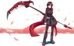  1girl boots cape cross dress flower hitomai pantyhose petals redhead rose rose_petals ruby_rose rwby scythe short_hair smile solo weapon white_background 