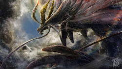  absurdres amatsumagatsuchi brown_claws clouds dragon dragon_horns fins gradient_scales highres horns monster monster_focus monster_hunter_(series) namami_(namami0115) no_humans whiskers yellow_eyes 