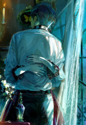 1boy 1girl akuma_shitsuji_to_kuroi_neko arms_around_waist back belt black_belt black_lace_trim black_pants blue_hair bottle bug butterfly candle candlestand collared_shirt couple cowboy_shot cross cross_earrings curtains dress earrings floating_curtains flower formal_clothes from_behind glass_bottle glint hair_slicked_back hat haures_clifford hetero highres hug indoors jewelry lace lace-trimmed_sleeves lace_trim light_particles long_dress long_sleeves master_(akuma_shitsuji_to_kuroi_neko) moonlight night nonoko_(meg36544) pale_skin pants perfume_bottle picture_frame pink_dress pink_nails see-through_curtains shirt short_hair sidelighting striped_collar vase vertical-striped_collar victorian waist_hug watermark white_flower white_shirt wind window_shadow yellow_butterfly 