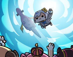  5girls absurdres amane_kanata amane_kanata_(1st_costume) angel angel_wings arm_up chibi dragon flying from_below halo highres himemori_luna holoforce hololive keenbiscuit kiryu_coco mini_wings multiple_girls single_hair_intake star_halo tokoyami_towa tsunomaki_watame virtual_graduation_commemoration virtual_youtuber white_wings wings x_navel 