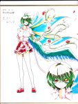  1girl absurdres ahoge black_sclera dress_shirt flower green_hair heterochromia highres kazami_yuuka loafers mattari_yufi red_eyes shirt shoes short_hair skirt smirk solo touhou traditional_media vines wings yellow_eyes 