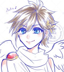  1boy angel angel_wings blue_eyes brown_hair closed_mouth commentary_request kid_icarus kid_icarus_uprising kot_ksm laurel_crown looking_at_viewer male_focus pit_(kid_icarus) portrait scarf short_hair smile solo translation_request watermark white_scarf white_wings wings 