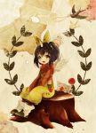  1girl bird boots bow character_name eiko_carol final_fantasy final_fantasy_ix green_eyes hair_bow highres horn laurels moogle niiko open_mouth overalls paws purple_hair sitting smile stitches stump tag white_wings wings yellow_bow 