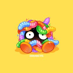  candy charongess commentary english_commentary food gummy_worm looking_at_viewer multicolored_hair oversized_food oversized_object pokemon pokemon_(creature) pokemon_focus rainbow_hair sitting tangela tentacles wide-eyed worm yellow_background 