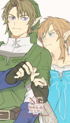  2boys aqua_shirt blue_eyes collarbone collared_shirt curtained_hair earrings fingerless_gloves gauntlets gloves green_hat hat holding_another's_finger jewelry link male_focus multiple_boys parted_bangs phrygian_cap shirt sidelocks signature tadatwee the_legend_of_zelda the_legend_of_zelda:_breath_of_the_wild the_legend_of_zelda:_twilight_princess twitter_username upper_body white_background white_shirt 
