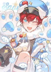  1boy aleo amagi_hiiro animal_ears animal_hands blue_eyes bone_earrings colored_eyelashes commentary_request dog dog_ears earrings ensemble_stars! hair_between_eyes hands_up jewelry knees_up legband looking_at_viewer male_focus official_alternate_costume one_eye_closed open_mouth paw_print red_hair short_hair smile snowflakes solo spotlight_time_(ensemble_stars!) star_(symbol) tongue tongue_out 