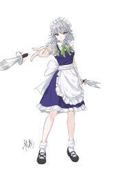  1girl absurdres ankle_socks apron arm_up black_boots blue_dress boots braid breasts collared_shirt commentary_request dress frilled_dress frills full_body green_ribbon grey_hair hair_ribbon highres holding holding_knife izayoi_sakuya kashiwada_kiiho knife maid maid_headdress mary_janes medium_dress medium_hair messy_hair neck_ribbon ribbon shirt shirt_under_dress shoes short_sleeves signature simple_background sleeveless sleeveless_dress small_breasts socks solo standing swept_bangs throwing throwing_knife touhou twin_braids waist_apron weapon white_apron white_background white_shirt wing_collar 