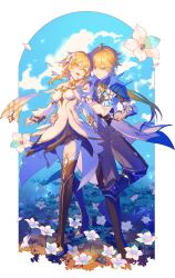  1boy 1girl absurdres aether_(as_heaven_and_earth_are_made_anew)_(genshin_impact) aether_(genshin_impact) ahoge blonde_hair blue_sky boots brother_and_sister brown_boots closed_mouth coat commentary_request detached_sleeves dress field floating_hair floating_scarf flower flower_field full_body genshin_impact hair_between_eyes hair_flower hair_ornament hand_on_another's_waist highres holding_hands long_hair long_sleeves looking_at_another looking_back lumine_(as_heaven_and_earth_are_made_anew)_(genshin_impact) lumine_(genshin_impact) official_alternate_costume open_mouth pants ponytail sainome_(imveryfinethx) scarf siblings sky smile thigh_boots white_coat white_dress white_scarf yellow_eyes 