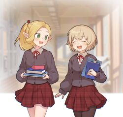  2girls :d blonde_hair book brown_shirt closed_eyes collared_shirt commentary_request cowboy_shot dungeon_meshi elf falin_touden falin_touden_(tallman) green_eyes happy highres holding holding_book indoors korean_commentary marcille_donato mayo_(mayo88meshi) multiple_girls pantyhose plaid_clothes plaid_skirt pointy_ears ponytail red_ribbon red_skirt ribbon school school_uniform shirt short_hair skirt smile teeth upper_teeth_only 