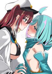  3girls after_kiss ahoge akoya_matama anemo_nemo aqua_dress aqua_eyes aqua_hair bikini black_bikini blue_necktie blush breasts brown_hair chibi dress elbow_gloves gloves hair_over_one_eye hat highres hiiragi_utena interlocked_fingers leberblume loco_musica long_hair looking_at_another magia_baiser mahou_shoujo_ni_akogarete multicolored_hair multiple_girls nail_polish necktie newsboy_cap pink_eyes ponponpain65536 red_nails saliva saliva_trail short_hair sideboob streaked_hair swimsuit tongue tongue_out two_side_up white_background yuri 