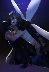  1boy black_hair blue_eyes colored_extremities commentary_request dragonfly_wings fate/grand_order fate_(series) full_body highres long_sleeves looking_at_viewer male_focus oberon_(fate) oberon_(third_ascension)_(fate) open_mouth ou_syoku7 solo squatting toe_claws 