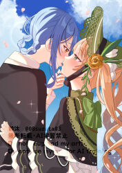  2girls 55szt black_capelet blonde_hair blue_hair blue_sky bow braid braided_hair_rings capelet clouds commentary_request day eye_contact falling_petals green_bonnet green_bow green_eyes hair_rings hand_on_another's_chin imminent_kiss looking_at_another mahou_shoujo_no_majo_saiban multiple_girls outdoors parted_lips petals red_eyes sky tachibana_sherry tono_hanna twintails yuri 