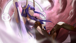  1girl alternate_costume armpits black_pantyhose blunt_bangs closed_mouth clouds cloudy_sky commentary english_commentary fake_horns feet foot_focus genshin_impact glowing hair_down headpiece highres holding holding_sword holding_weapon horns katana long_hair looking_down looking_to_the_side mole mole_under_eye pantyhose purple_hair raiden_shogun raiden_shogun_(magatsu_mitake_narukami_no_mikoto) red_background red_sky sitting sky solo sword torn_clothes upper_body violet_eyes weapon yoshioka_(user_zgdv8288) 