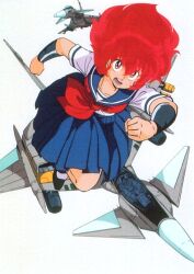  1980s_(style) 1girl aircraft airplane blue_skirt fighter_jet floating_hair full_body long_hair magami_eiko military_vehicle neckerchief non-web_source open_mouth project_a-ko red_eyes red_hair retro_artstyle scan school_uniform serafuku short_sleeves simple_background skirt solo white_background 