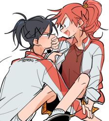  2girls :d ankle_socks arm_between_legs bike_shorts bike_shorts_under_skirt black_hair blue_eyes blush breasts bright_pupils choppy_bangs commentary covering_another's_mouth ear_blush eye_contact face-to-face fang feet_out_of_frame from_side genderswap genderswap_(mtf) glaring gold_necklace hair_between_eyes hair_ornament hairpin hand_on_another's_arm hand_up imaizumi_shunsuke jacket jewelry long_hair looking_at_another medium_hair multicolored_jacket multiple_girls multiple_hairpins narrowed_eyes naruko_shoukichi necklace o_omome open_clothes open_jacket open_mouth opening_another's_clothes profile red_eyes red_hair red_jacket red_shirt rejected_kiss shirt simple_background sleeves_pushed_up sleeves_rolled_up small_breasts small_sweatdrop smile socks symbol-only_commentary tiger_hair_ornament track_jacket two-tone_jacket unzipped upper_body v-shaped_eyebrows wavy_hair white_background white_jacket white_pupils white_socks wide-eyed yellow_shirt yowamushi_pedal yuri 