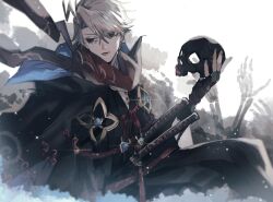  1boy black_eyes black_hakama closed_mouth commentary_request fate/grand_order fate_(series) grey_hair hakama holding holding_skull james_moriarty_(ruler)_(fate) japanese_clothes male_focus ou_syoku7 sitting skeletal_arm skull solo sword weapon white_background 