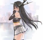  1girl akasaai bare_shoulders black_hair blush breasts closed_eyes elbow_gloves fingerless_gloves garter_straps gloves headgear highres kantai_collection long_hair nagato_(kantai_collection) open_mouth personification skirt smile solo tears thigh-highs 