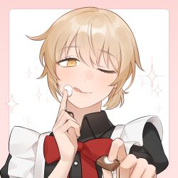  1girl ;q androgynous blonde_hair border bow bowtie bright_pupils chocolate collared_shirt dungeon_meshi falin_touden falin_touden_(tallman) food frilled_sleeves frills green_eyes highres holding holding_chocolate holding_food licking_lips long_hair looking_at_viewer mayo_(mayo88meshi) one_eye_closed pink_border portrait red_bow red_bowtie shirt simple_background smile sparkle tongue tongue_out valentine white_background 