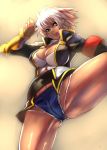  1girl belt blazblue blazblue:_chrono_phantasma boots breasts bullet_(blazblue) cleavage crop_top cutoffs fingerless_gloves gloves grey_hair jacket large_breasts scar short_hair solo unizama yellow_eyes 