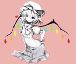  1girl contrapposto dress flandre_scarlet hand_on_hip hat heart hoshi_usagi monochrome red_eyes short_hair simple_background smile solo spot_color touhou wings 