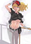  1girl baseball_cap belt blonde_hair breasts freckles gloves gundam hat jack_hamster kay_nimrod long_hair navel railing sd_gundam_g-generation solo underboob wink 