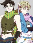  2boys black_hair blonde_hair blue_eyes blue_jacket brown_hair caesar_anthonio_zeppeli feathers fingerless_gloves gloves green_eyes hair_feathers headband jacket jojo_no_kimyou_na_bouken joseph_joestar_(young) lillian2247 multiple_boys pink_scarf scarf striped striped_scarf 