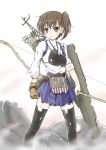  1girl arrow black_legwear blush boots bow_(weapon) brown_eyes brown_hair flipper japanese_clothes kaga_(kantai_collection) kantai_collection muneate personification short_hair side_ponytail skirt smile solo thigh_boots thighhighs weapon 